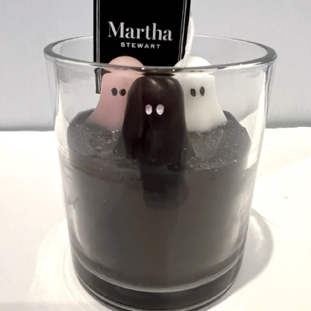 Martha Stewart Halloween Black Candle 3D Ghosts Pink Glass Jar 4"